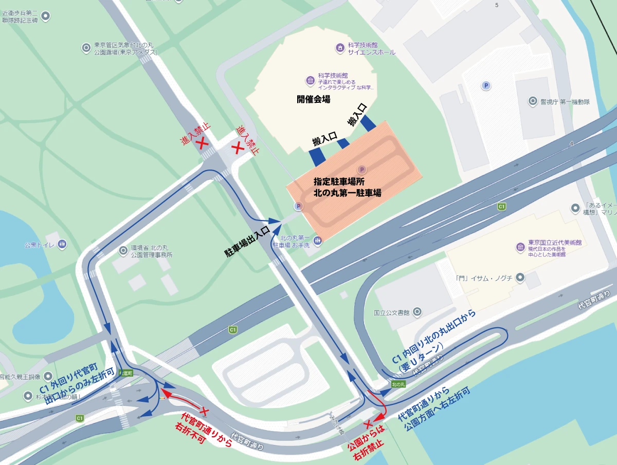 北の丸第一駐車場までの経路図。首都高C1外回りは代官町出口から左折のみ可、C1内回りは北の丸出口からUターンが必要。代官町通りから公園方面へは北の丸交差点で右左折可 (代官町交差点では右折不可)。公園から代官町通りへの右折は禁止。駐車場北側の交差点から先は進入禁止